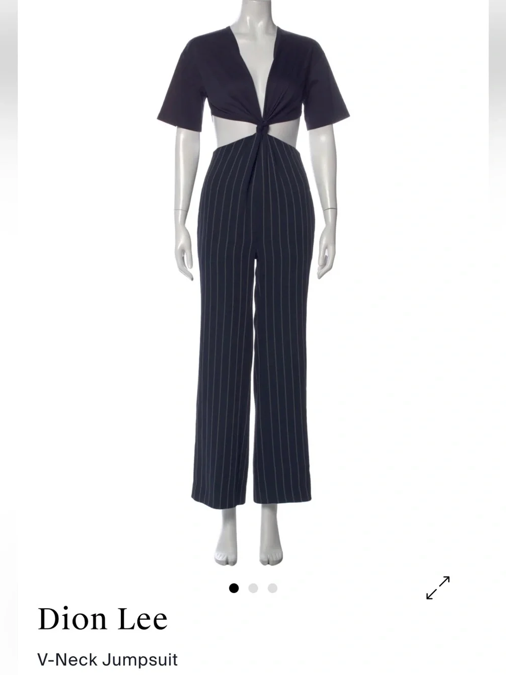 RARE!! DION LEE sz 6? Navy Pinstripe wide leg Cutout Jumpsuit with Front Knot_3